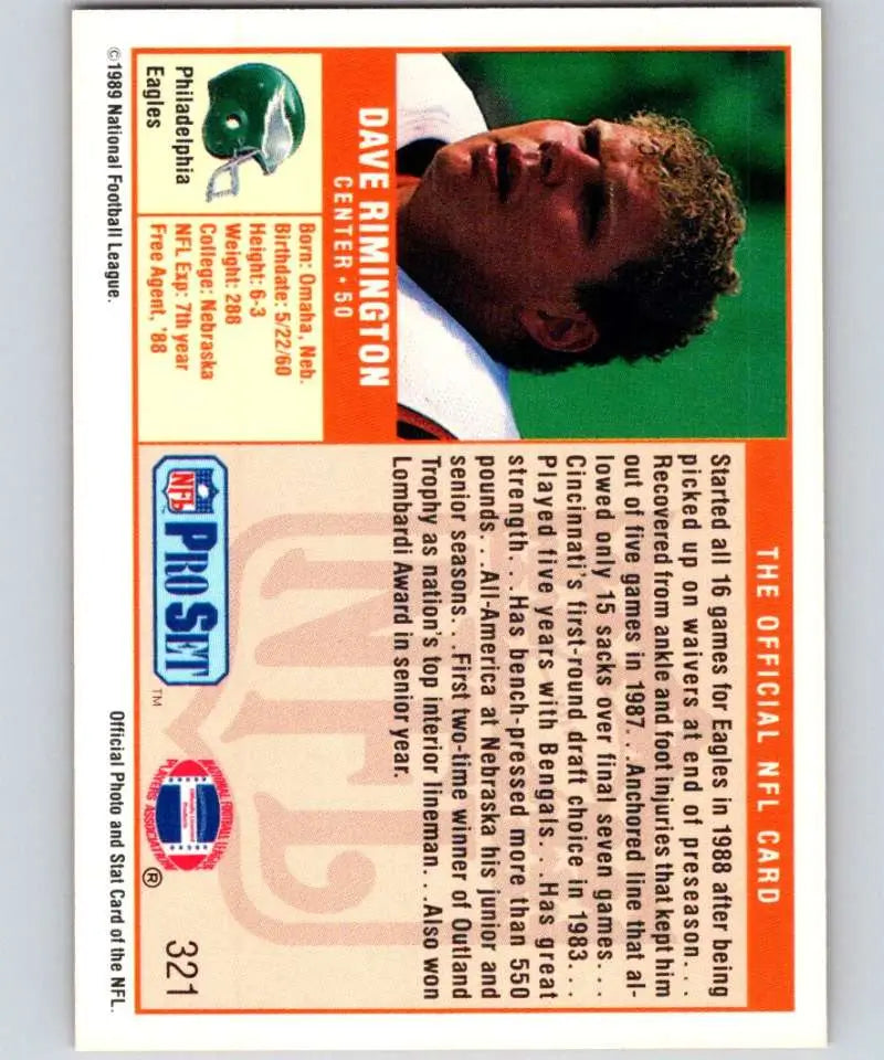 Football card of Dave Rimington from the Philadelphia Eagles 1989 Pro Set collection