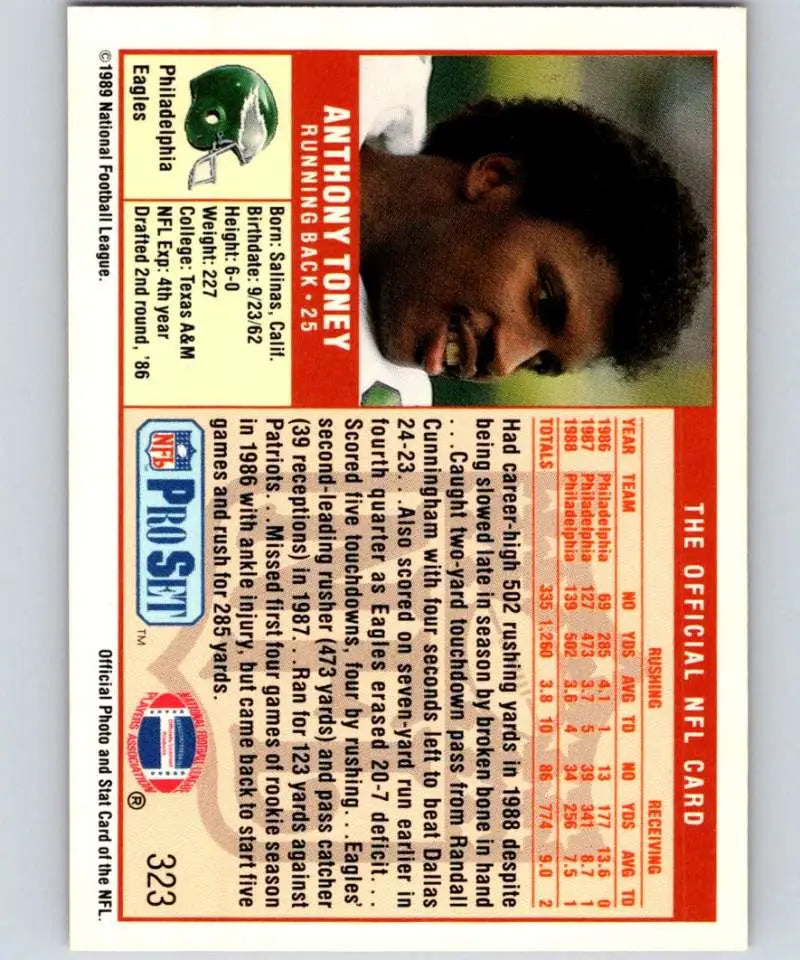 Vintage 1989 Pro Set Anthony Toney Philadelphia Eagles Football Card for collectors