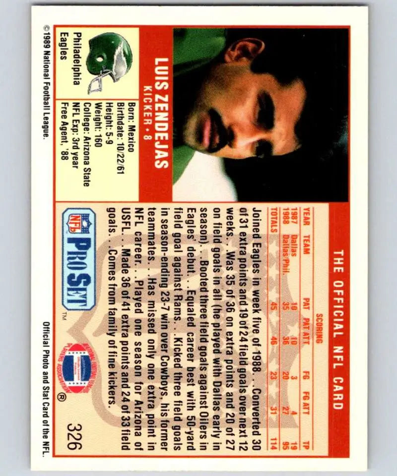Vintage 1989 Pro Set Luis Zendejas Philadelphia Eagles Football Trading Card