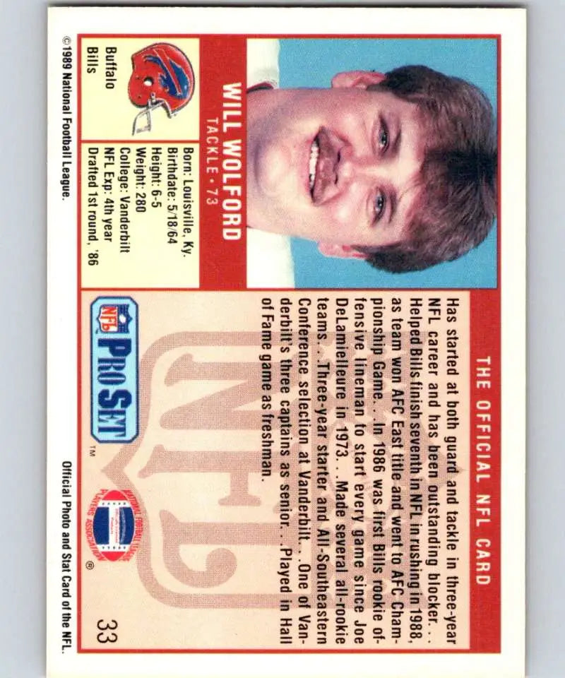 Vintage Buffalo Bills football trading card, 1989 Pro Set #33 Will Wolford RC