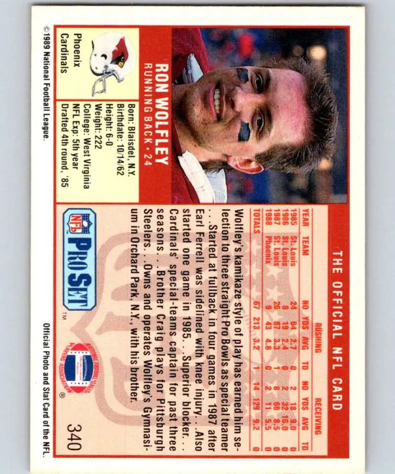Vintage 1989 Pro Set Ron Wolfley Phoenix Cardinals Football Trading Card NM-MT