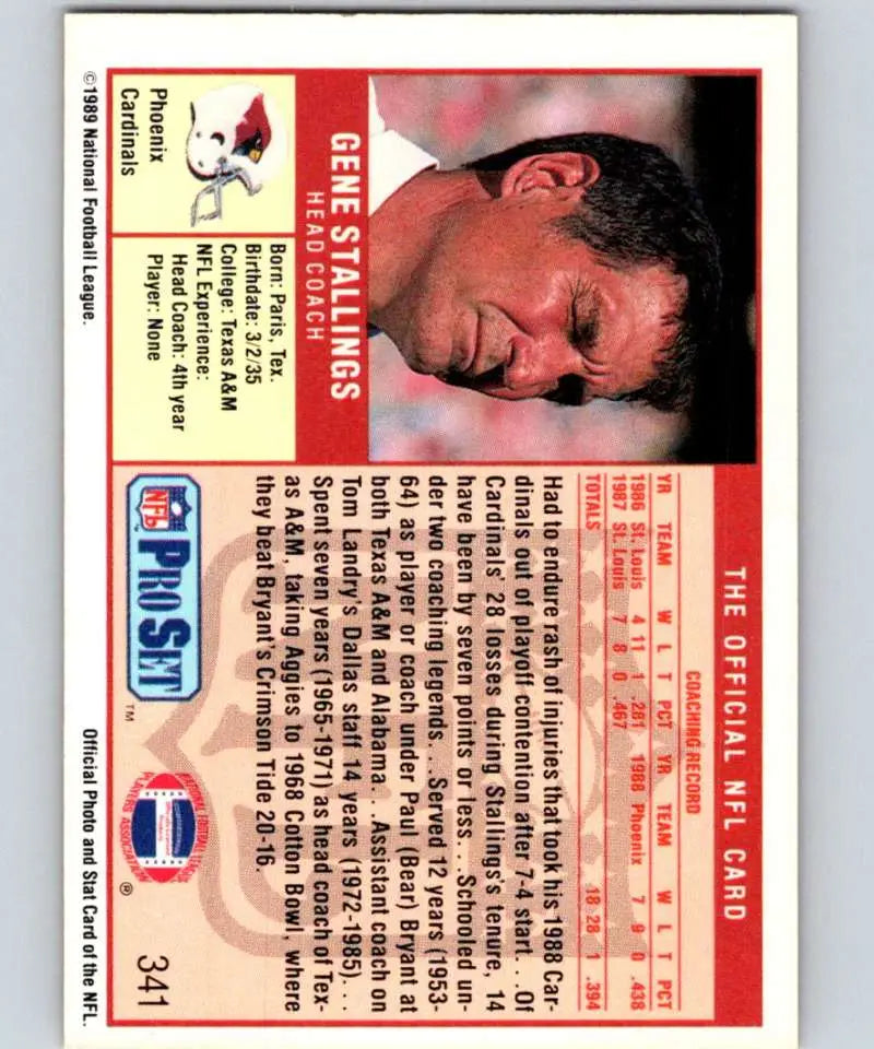 Vintage Pro Set NFL card featuring Gene Stallings of the Phoenix Cardinals from 1989