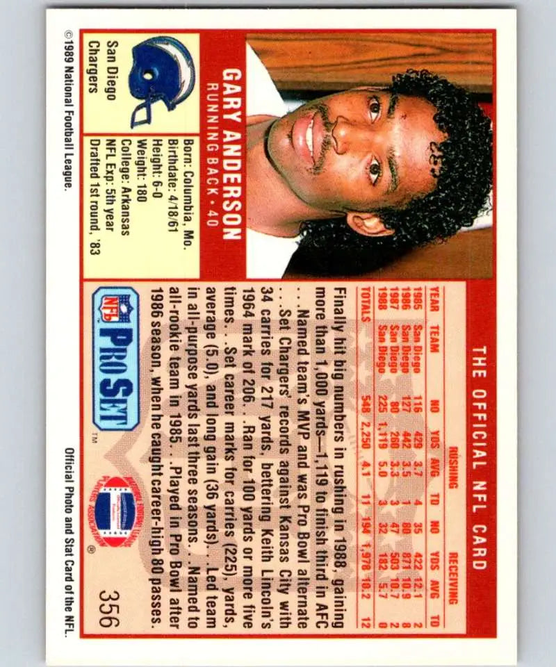 Vintage NFL trading card of Gary Anderson from the San Diego Chargers Pro Set collection