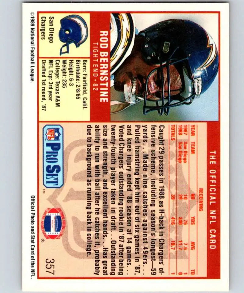 Football trading card of Rod Bernstine with San Diego Chargers helmet design