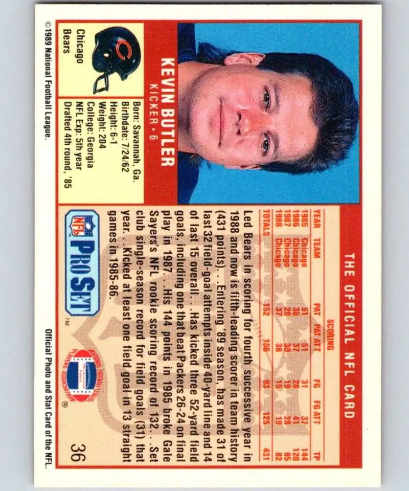1989 Pro Set #36 Kevin Butler Football Card for Chicago Bears collectors and fans