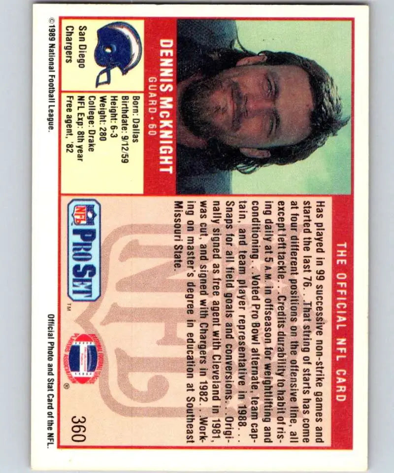 Vintage 1989 Pro Set Dennis McKnight San Diego Chargers Football Trading Card