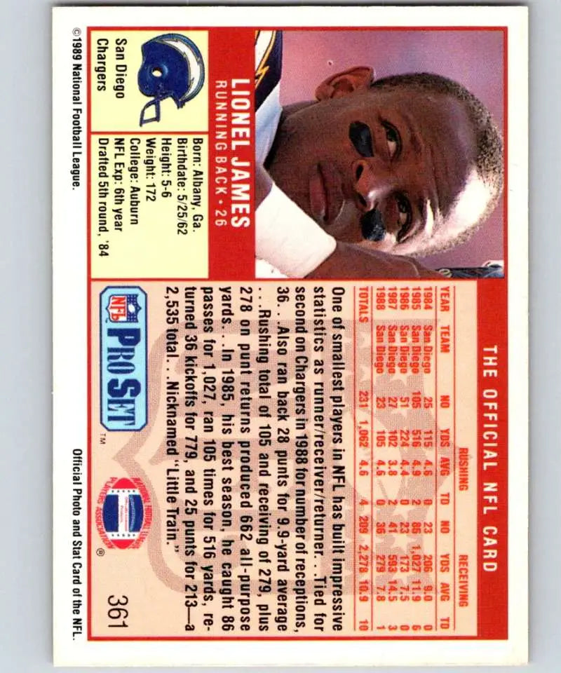 Vintage NFL Pro Set football card featuring Lionel James and San Diego Chargers design