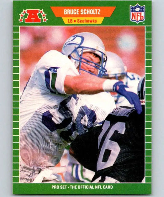 NFL trading card of Bruce Scholtz, Seattle Seahawks linebacker making a tackle, Pro Set