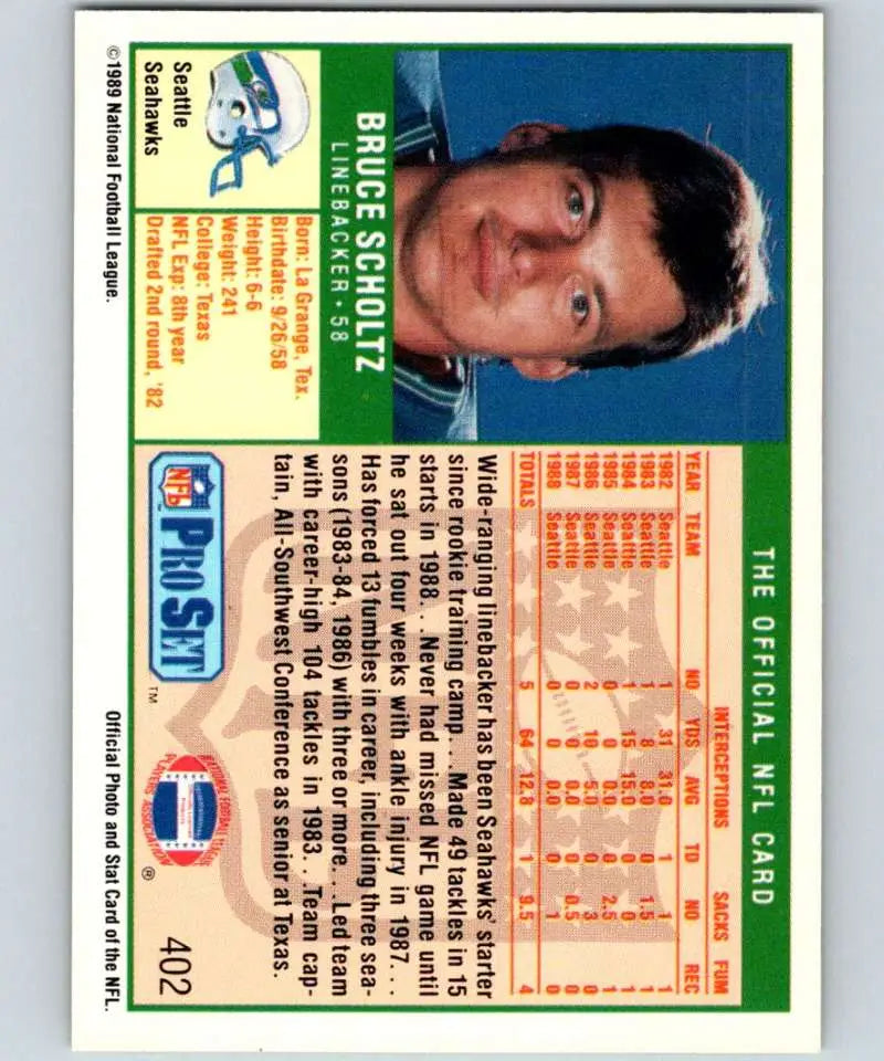 Vintage 1989 Pro Set #402 Bruce Scholtz Seattle Seahawks Football Card in NM-MT condition