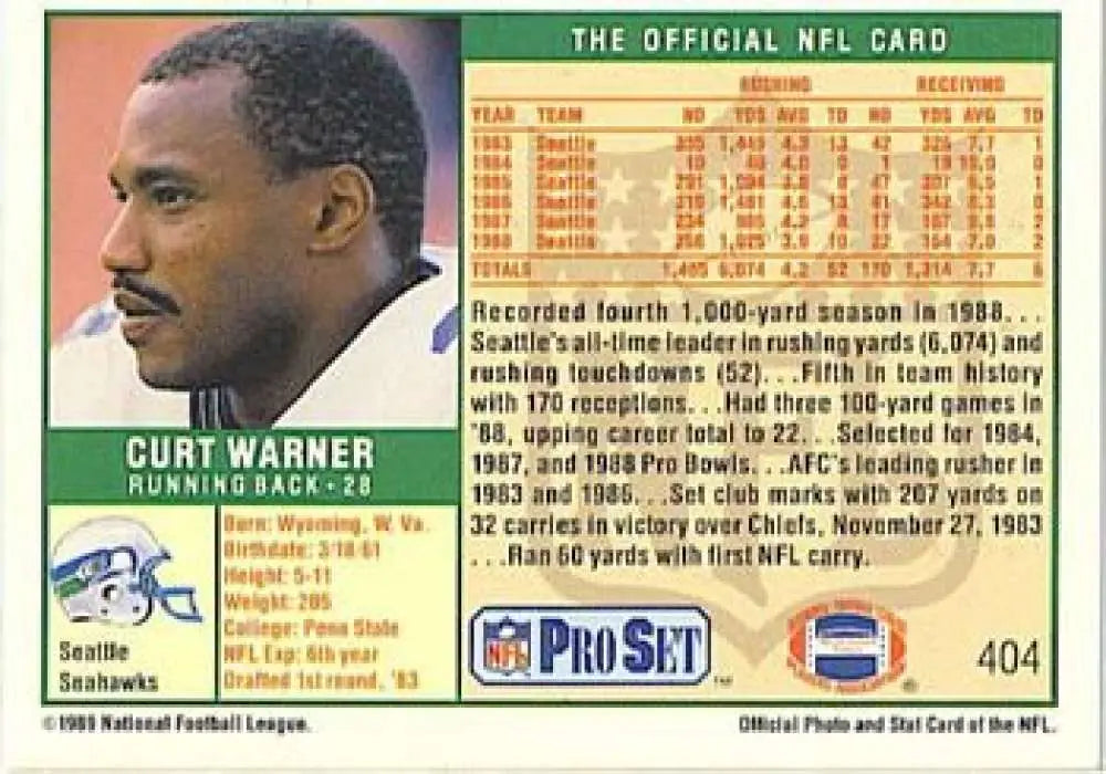 Curt Warner 1989 Pro Set #404b Seattle Seahawks football trading card collectible