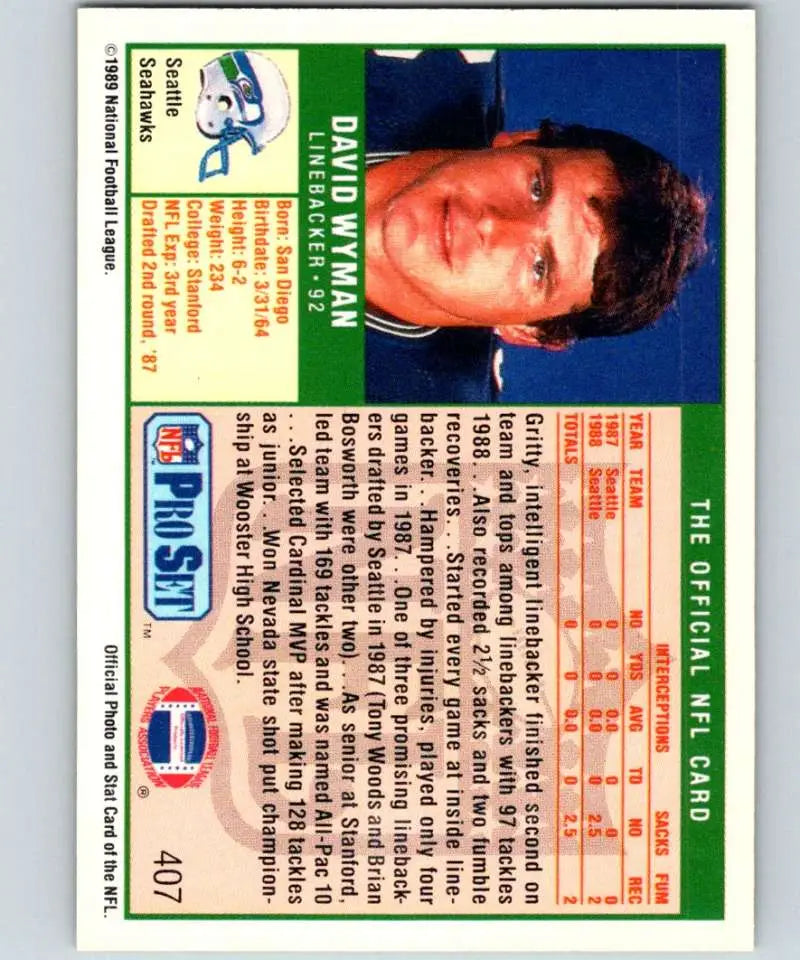 Vintage 1989 Pro Set #407 David Wyman Seattle Seahawks Football Card in NM-MT condition