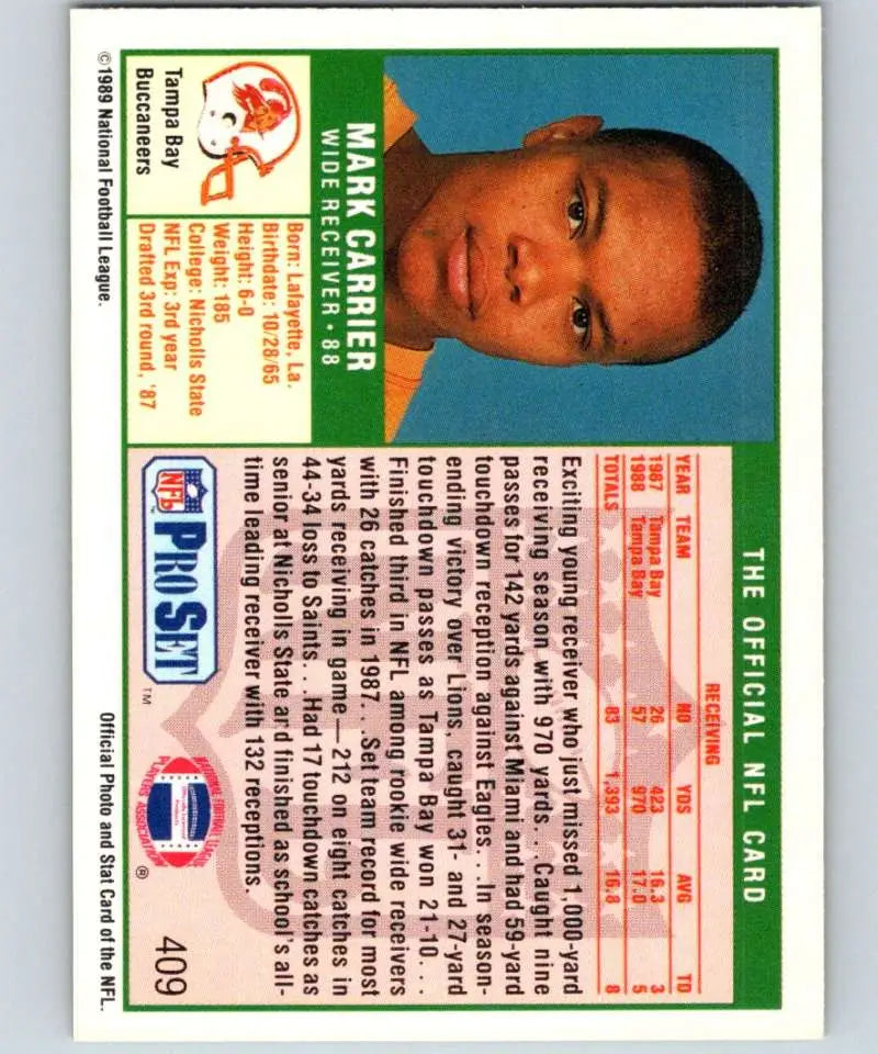 Vintage NFL Pro Set trading card of Mark Carrier, Tampa Bay Buccaneers rookie