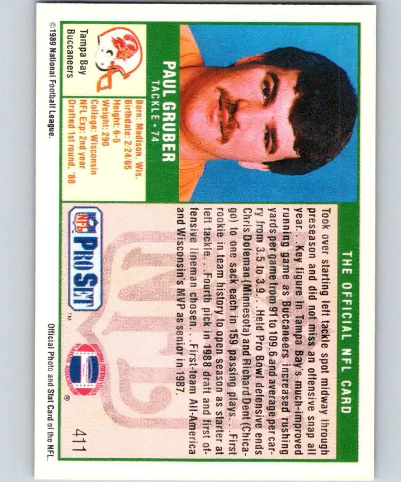 1989 Pro Set Paul Gruber Tampa Bay Buccaneers rookie football card on display
