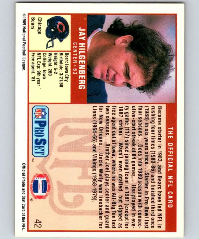 Vintage 1989 Pro Set Football Card of Jay Hilgenberg from the Chicago Bears