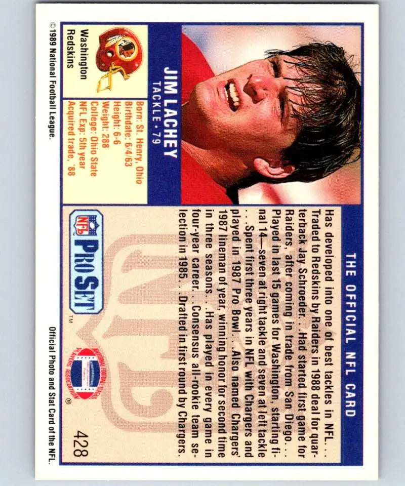 Pro Set NFL trading card of Jim Lachey in a red background for Washington Redskins