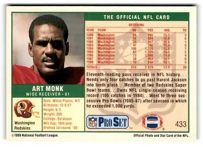 Art Monk 1989 Pro Set #433 trading card featuring the legendary NFL wide receiver