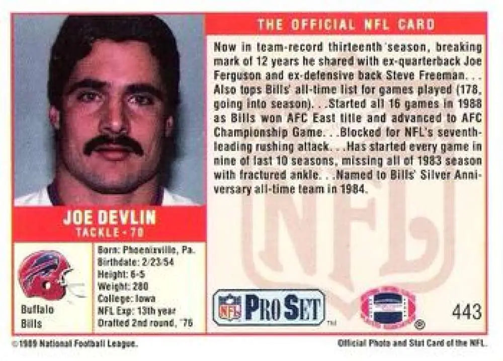 1989 Pro Set Joe Devlin NFL trading card showcasing Buffalo Bills player from the 1970s