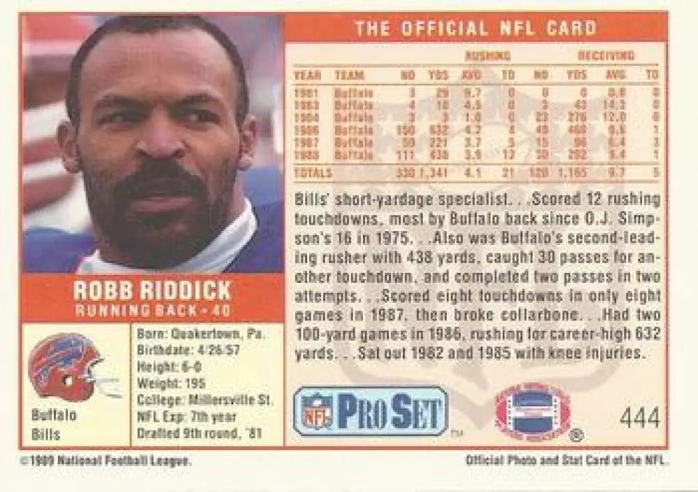 Robb Riddick 1990 Pro Set trading card featuring Buffalo Bills running back
