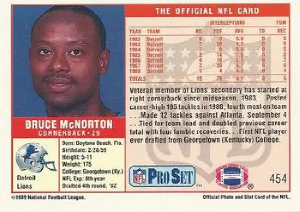 1990 NFL Pro Set Football Card featuring Bruce McNorton of the Detroit Lions