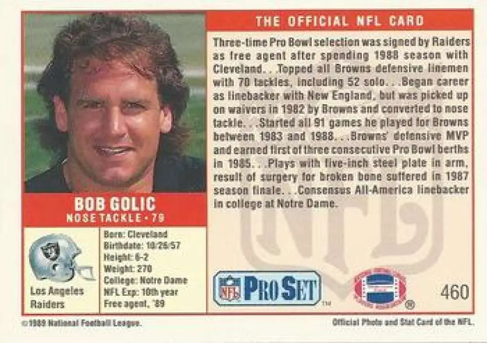 NFL Pro Set trading card of Bob Golic from the Los Angeles Raiders in the 1990s