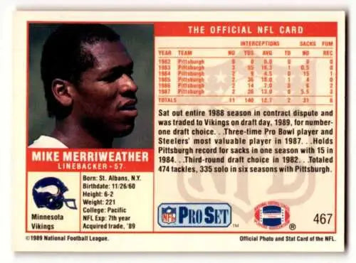Mike Merriweather Minnesota Vikings football card from 1989 Pro Set with original gloss