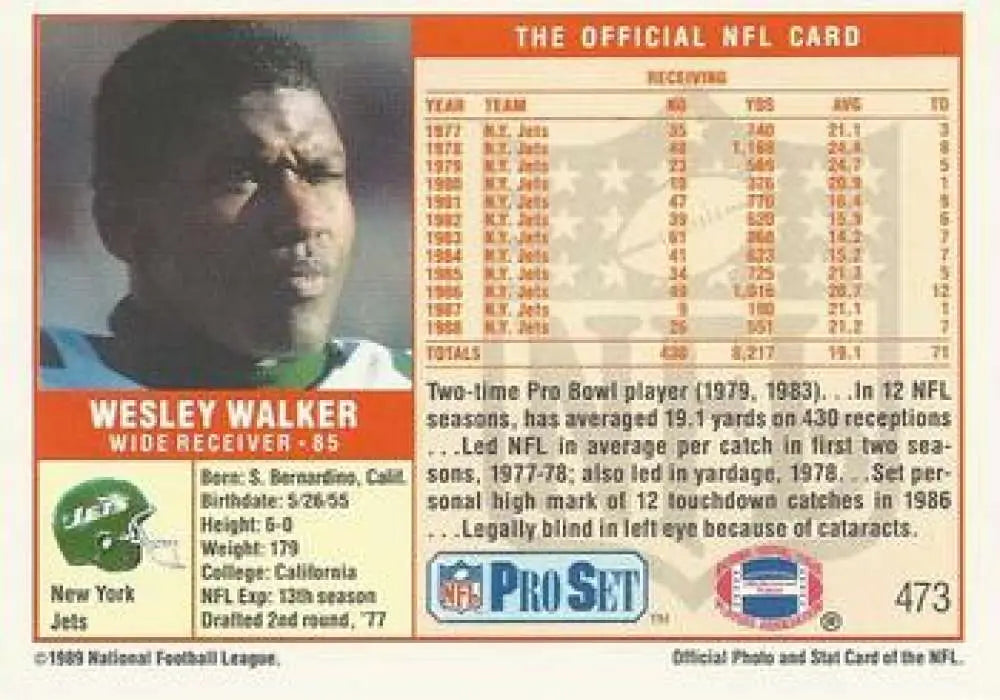 1989 Pro Set Wesley Walker New York Jets football trading card in NM-MT condition