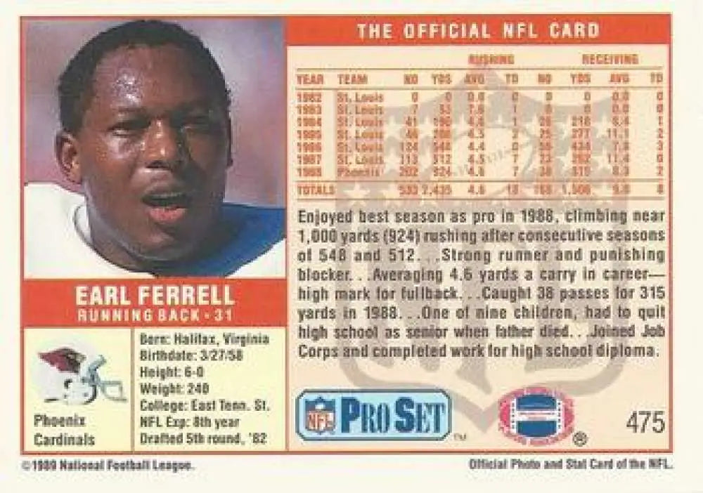 1989 Pro Set Earl Ferrell Football Card featuring Phoenix Cardinals player in NM-MT condition