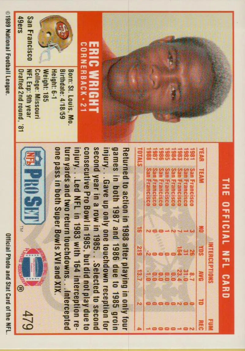 NFL trading card featuring Eric Wright in red and white design from Pro Set