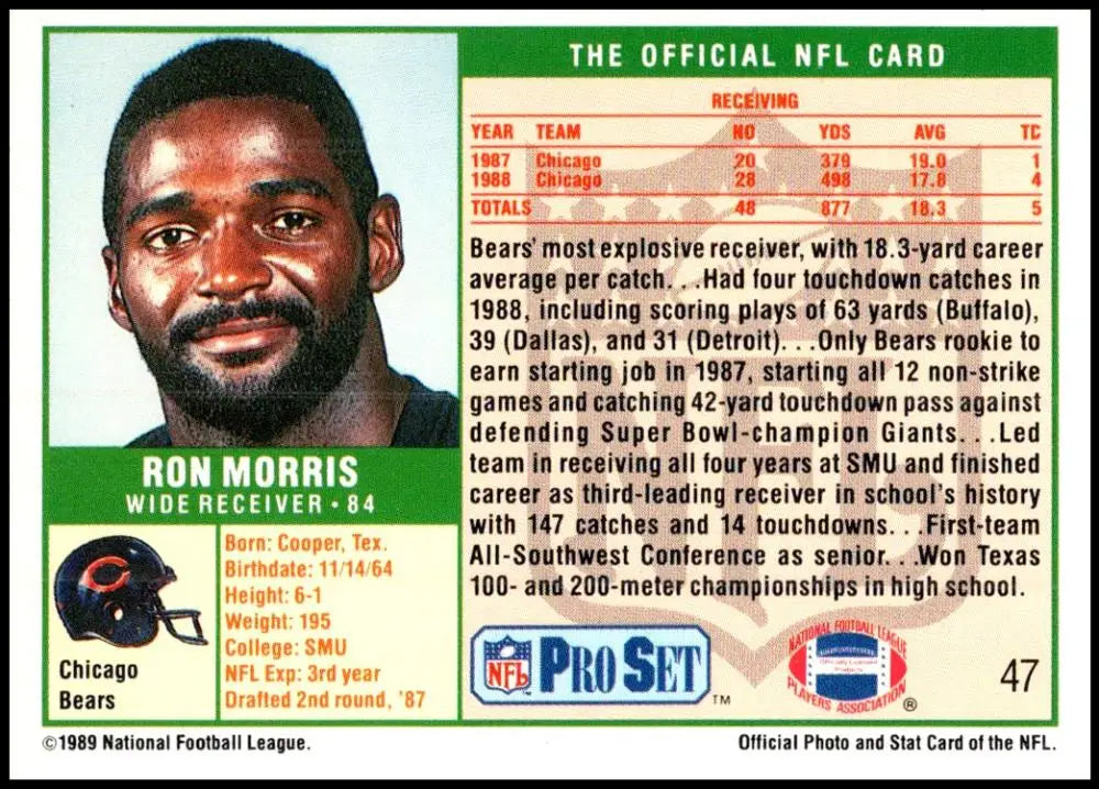 1989 Pro Set #47b Ron Morris NM-MT RC Rookie Chicago Bears Football Card image