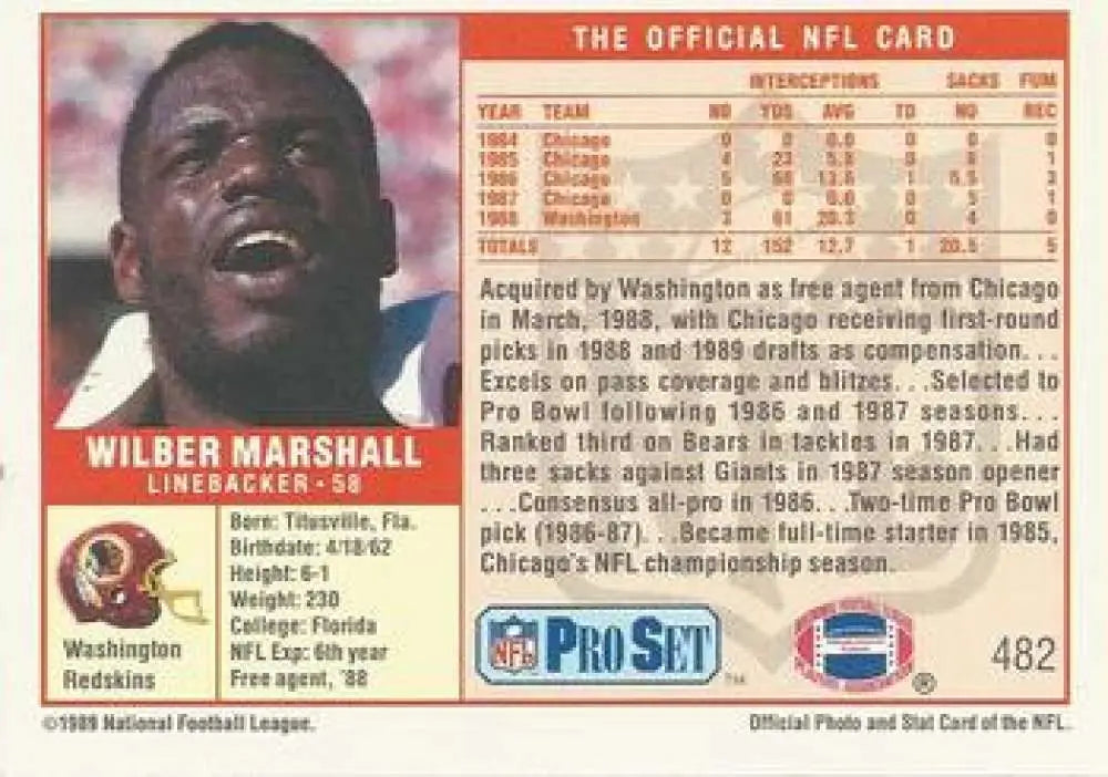 Wilber Marshall 1989 Pro Set #482 Washington Redskins Football Card NM-MT