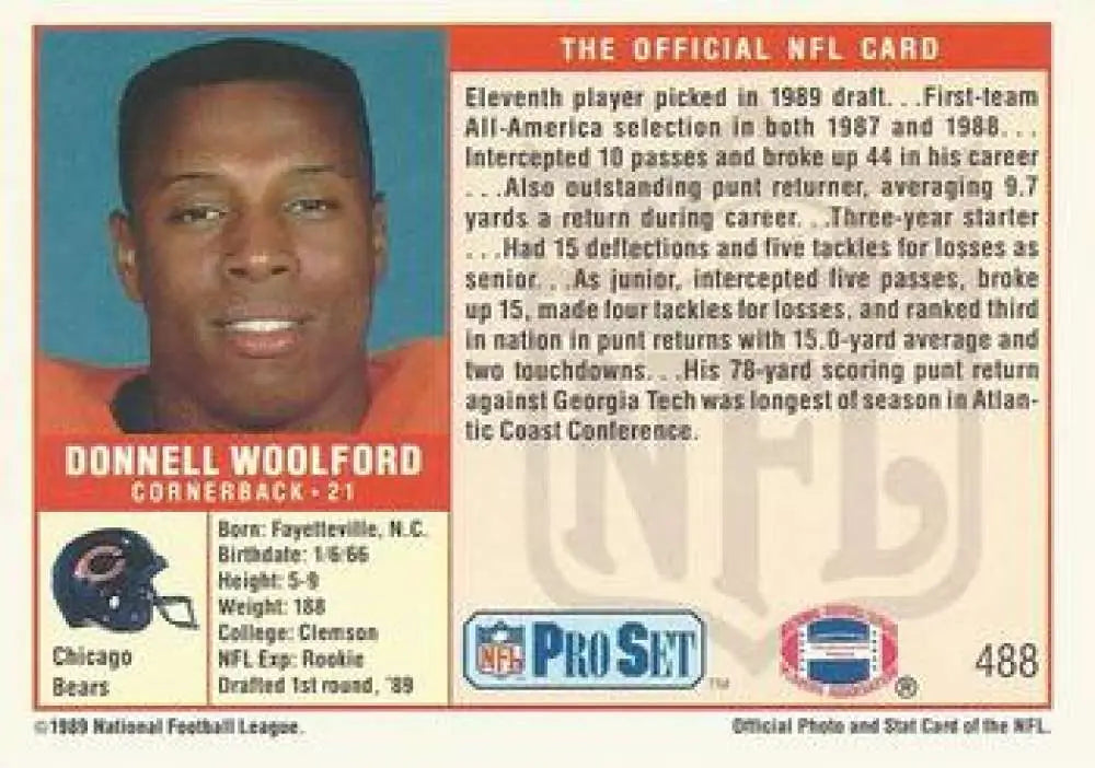 NFL trading card showing Donnell Woolford from 1989 Pro Set for Chicago Bears