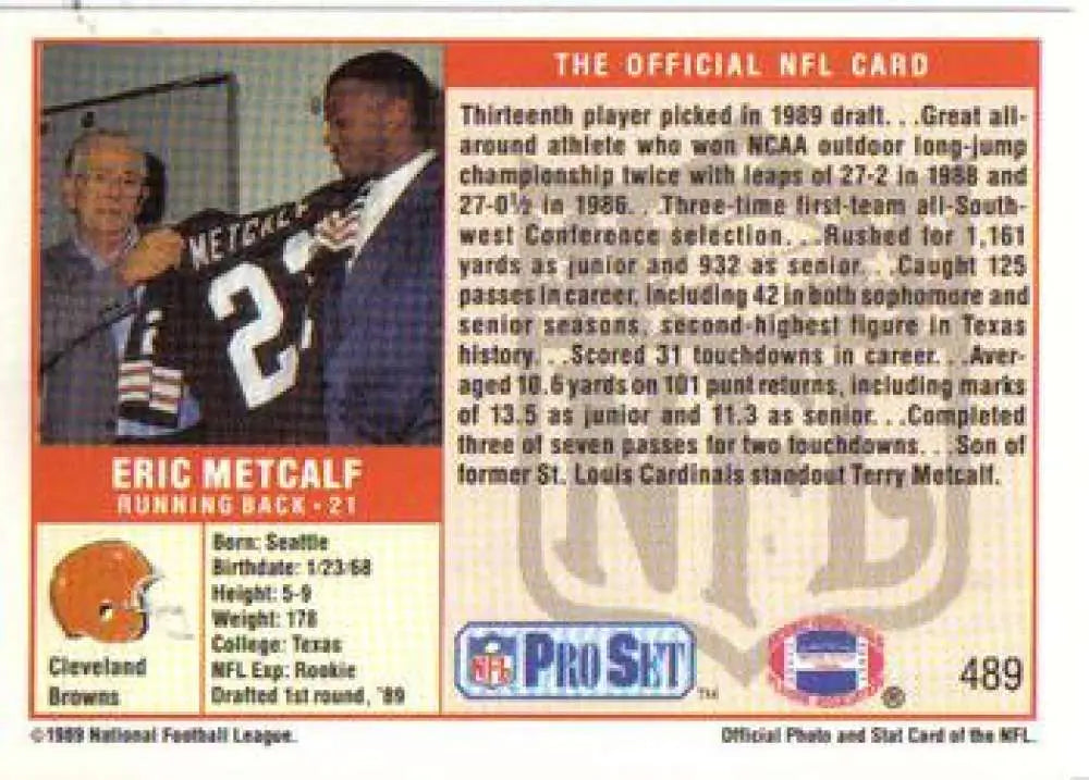 Vintage NFL trading card of Eric Metcalf, Cleveland Browns number 24, 1989 Pro Set