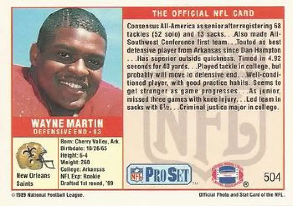 Wayne Martin 1989 Pro Set Rookie Football Card New Orleans Saints Rare Collectible
