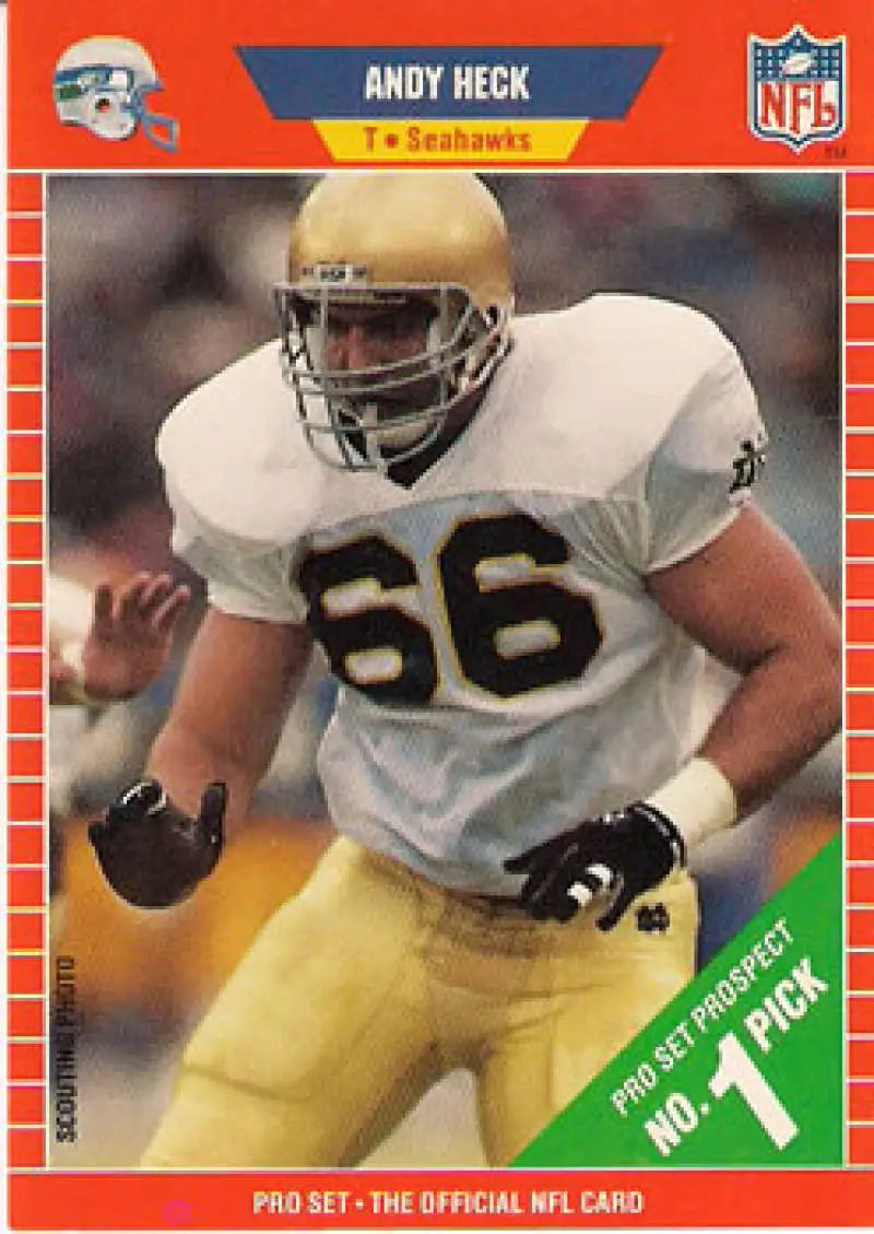 Notre Dame football player number 66 in white jersey, gold pants, featured in Andy Heck Rookie Seattle Seahawks card