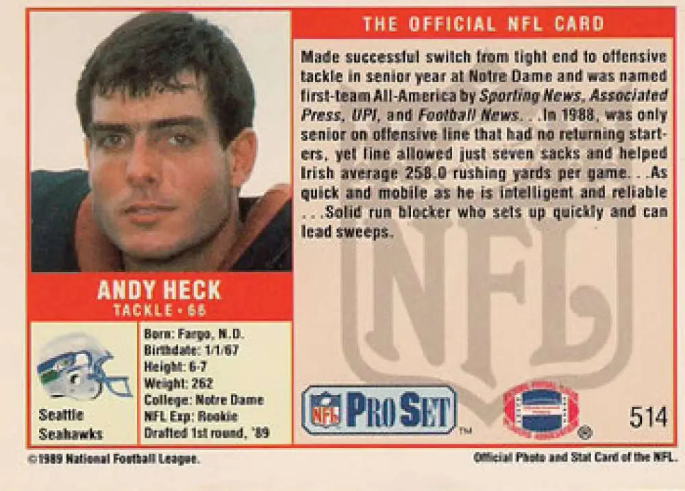 NFL Pro Set 1993 Andy Heck Rookie Seattle Seahawks Football Trading Card
