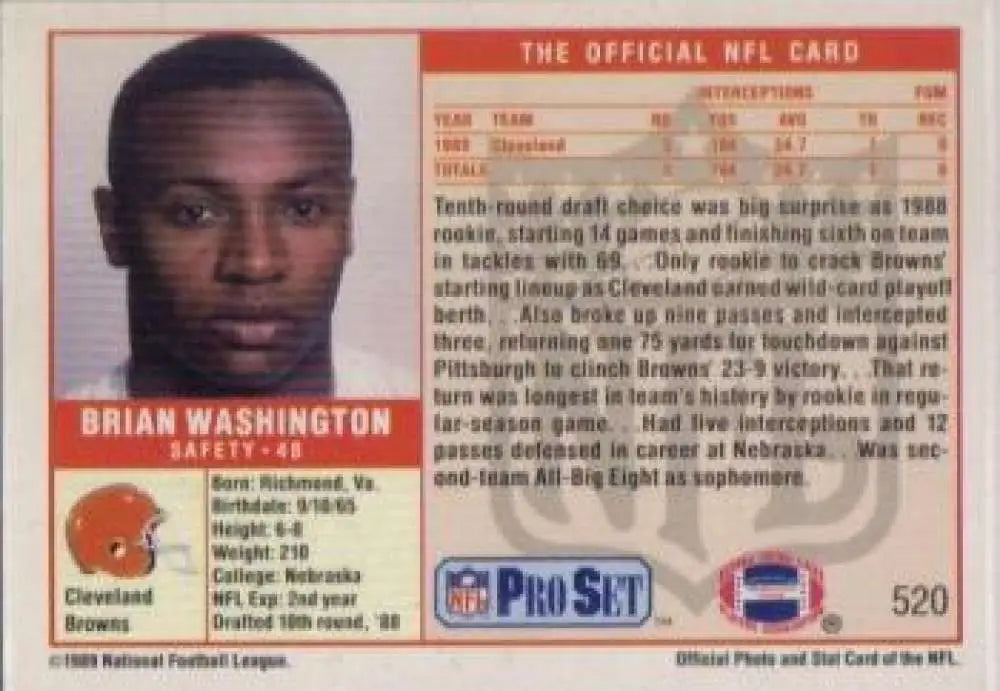 NFL Pro Set card featuring Brian Washington of the Cleveland Browns from 1990