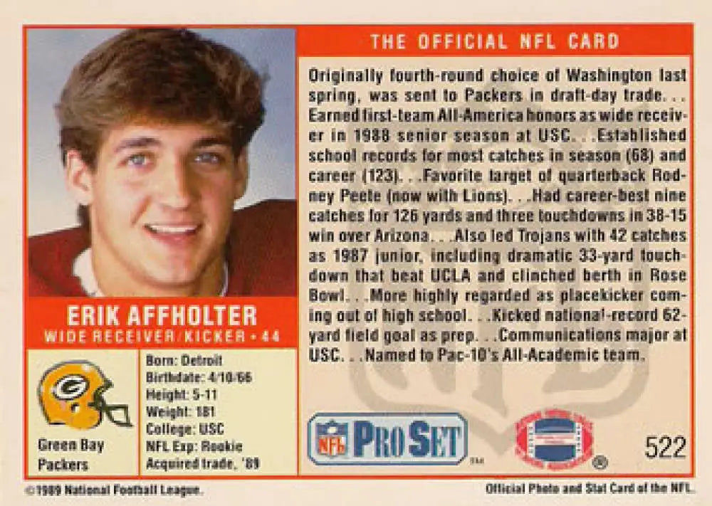 NFL trading card of Erik Affholter, Green Bay Packers player from Pro Set collection