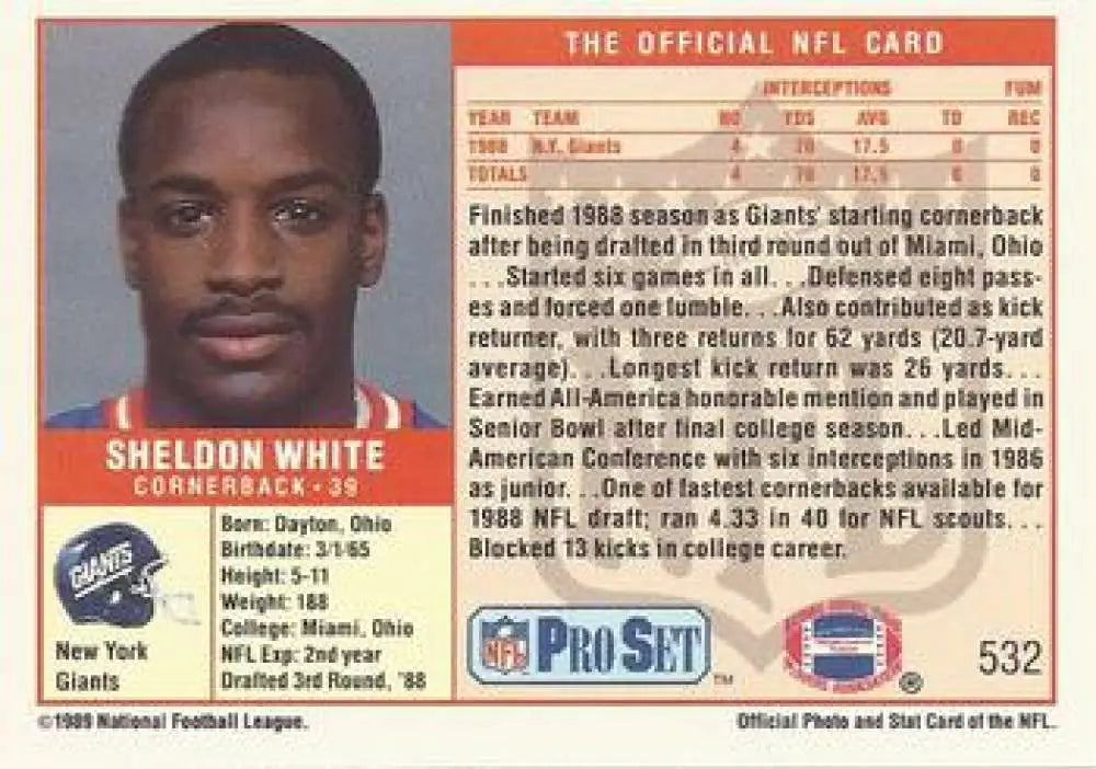 1989 Pro Set football card of Sheldon White, New York Giants cornerback rookie