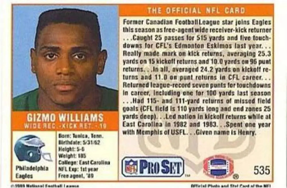 NFL Pro Set trading card of Gizmo Williams, 535c Philadelphia Eagles Rookie from 1993