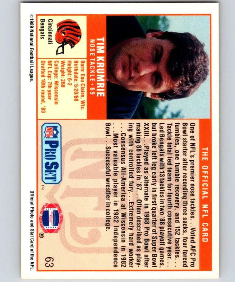 Vintage 1989 Pro Set Tim Krumrie Cincinnati Bengals Football Card in NM-MT condition