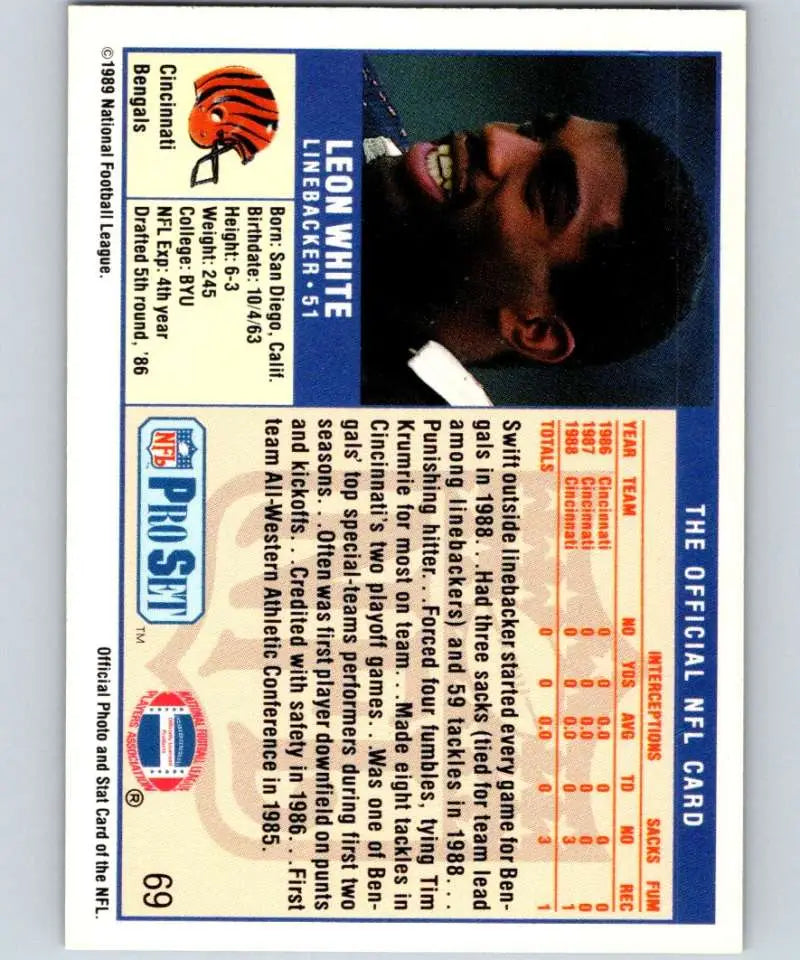 Cincinnati Bengals football card featuring Leon White from the 1989 Pro Set collection