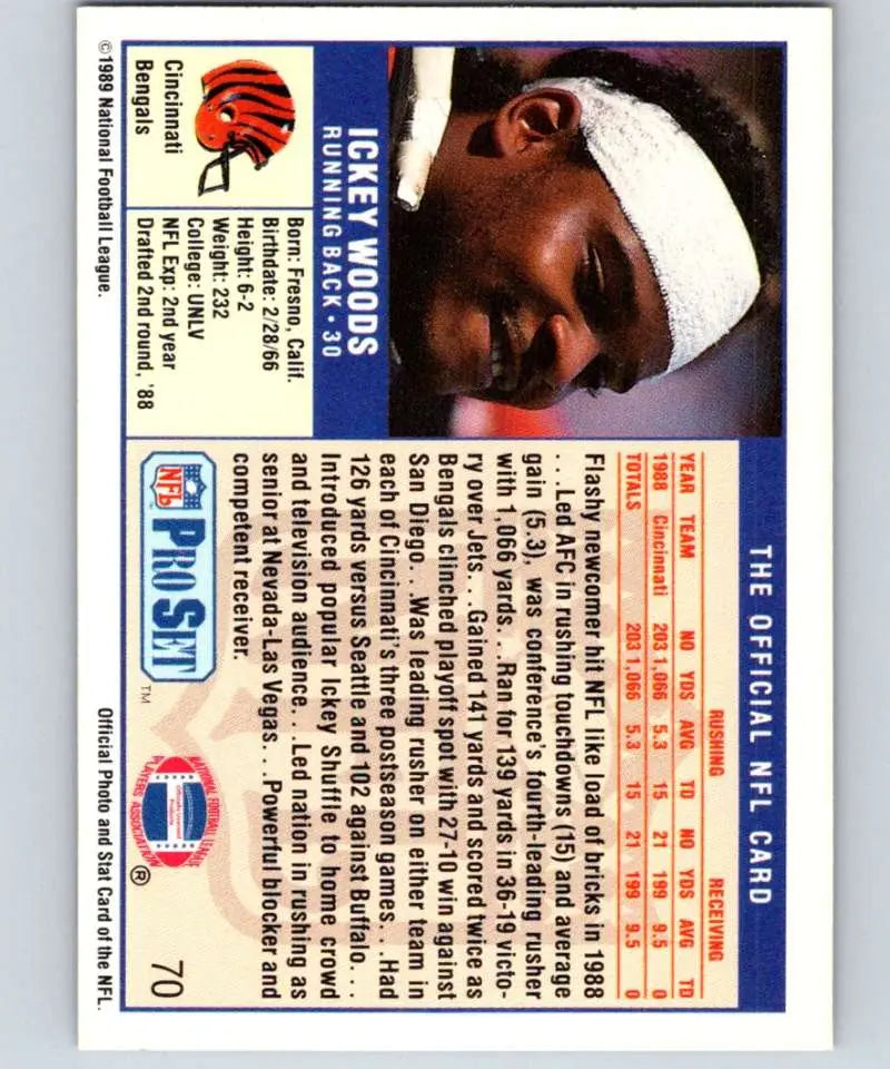 Ickey Woods rookie Cincinnati Bengals football card from 1989 Pro Set with white headband