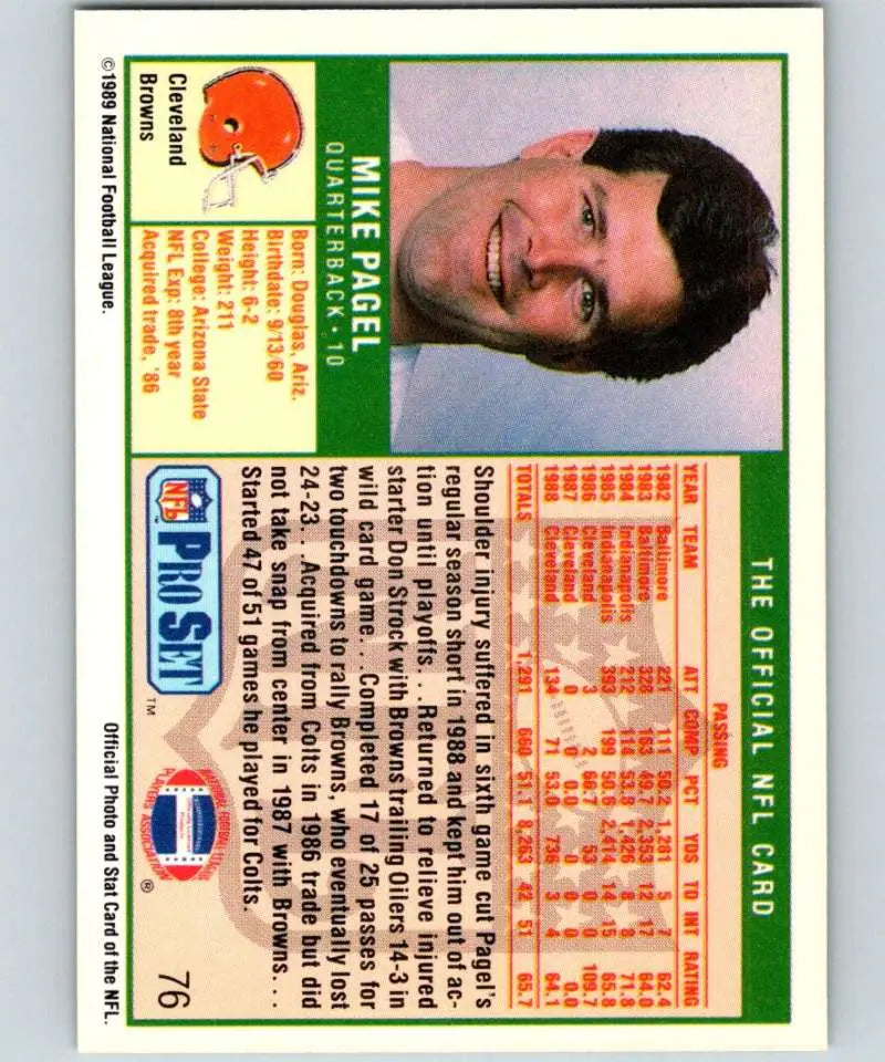 Football trading card featuring Mike Pagel in Cleveland Browns colors and Pro Set design