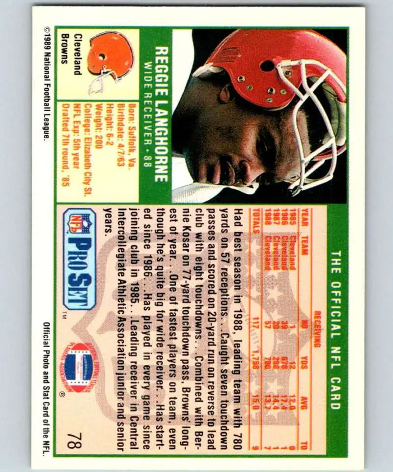 Cleveland Browns football card featuring Reggie Langhorne in a red helmet