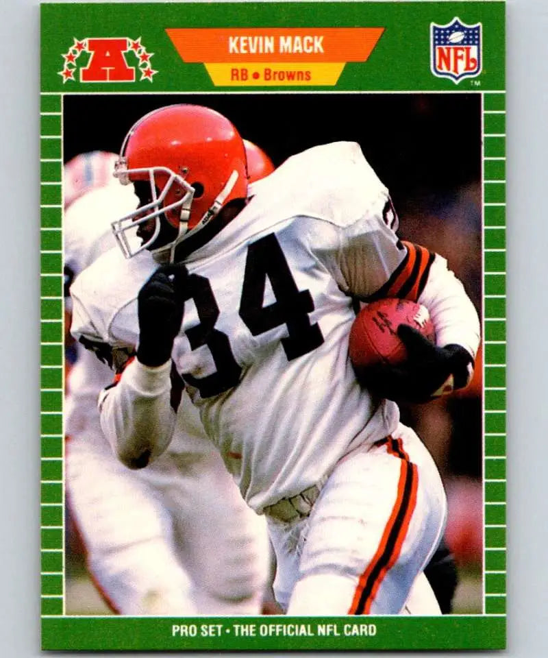 Cleveland Browns football card featuring Kevin Mack in white uniform carrying the ball