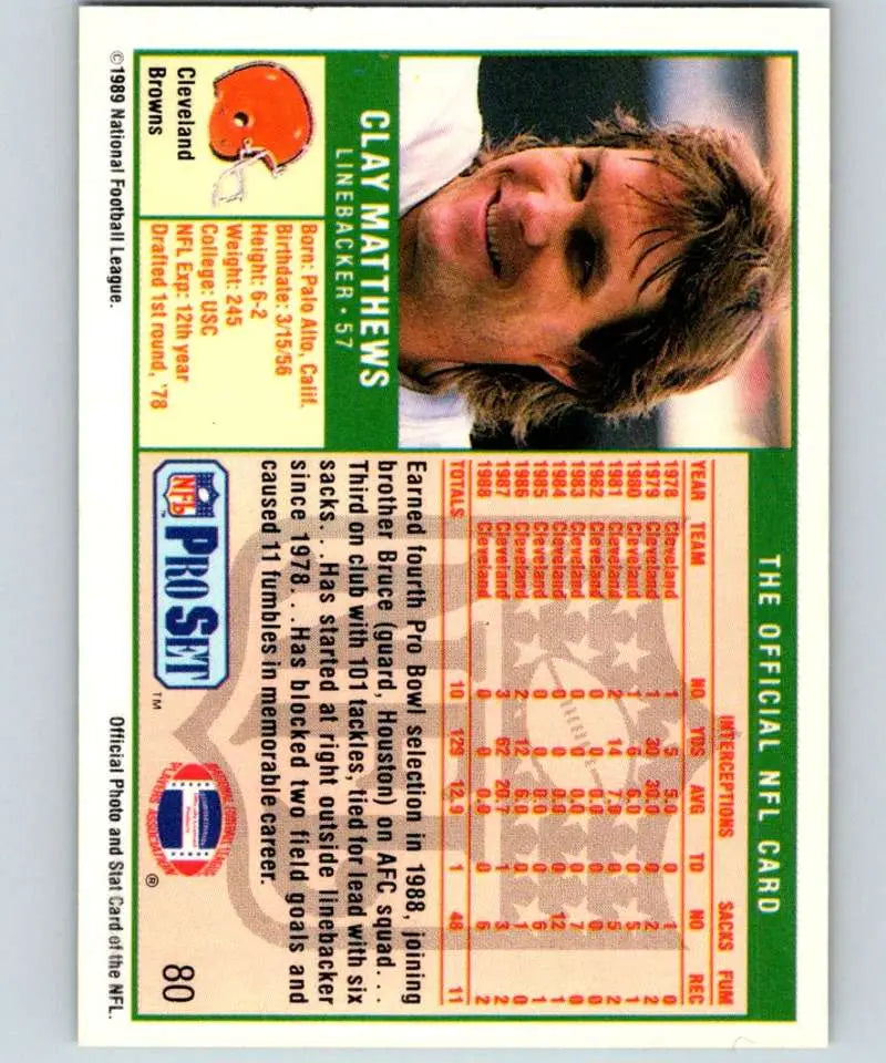 Football card featuring Clay Matthews from the Cleveland Browns by Pro Set