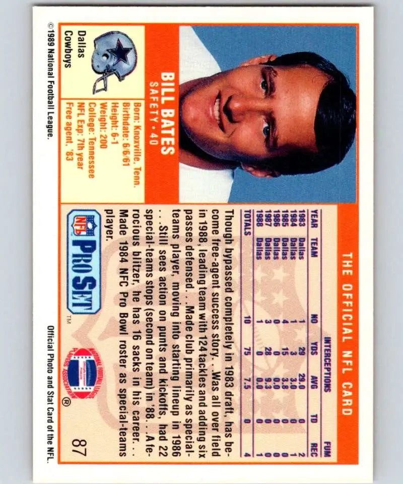 Vintage Dallas Cowboys football card 1989 Pro Set #87 Bill Bates NM-MT