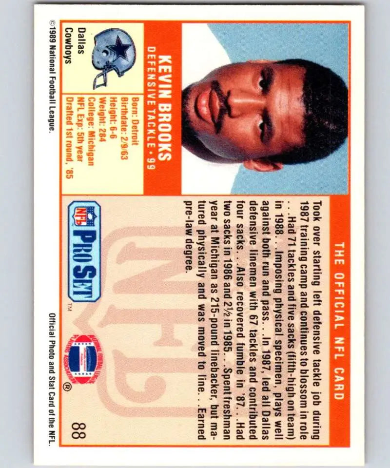 Vintage 1989 Pro Set Kevin Brooks football card from the Dallas Cowboys team