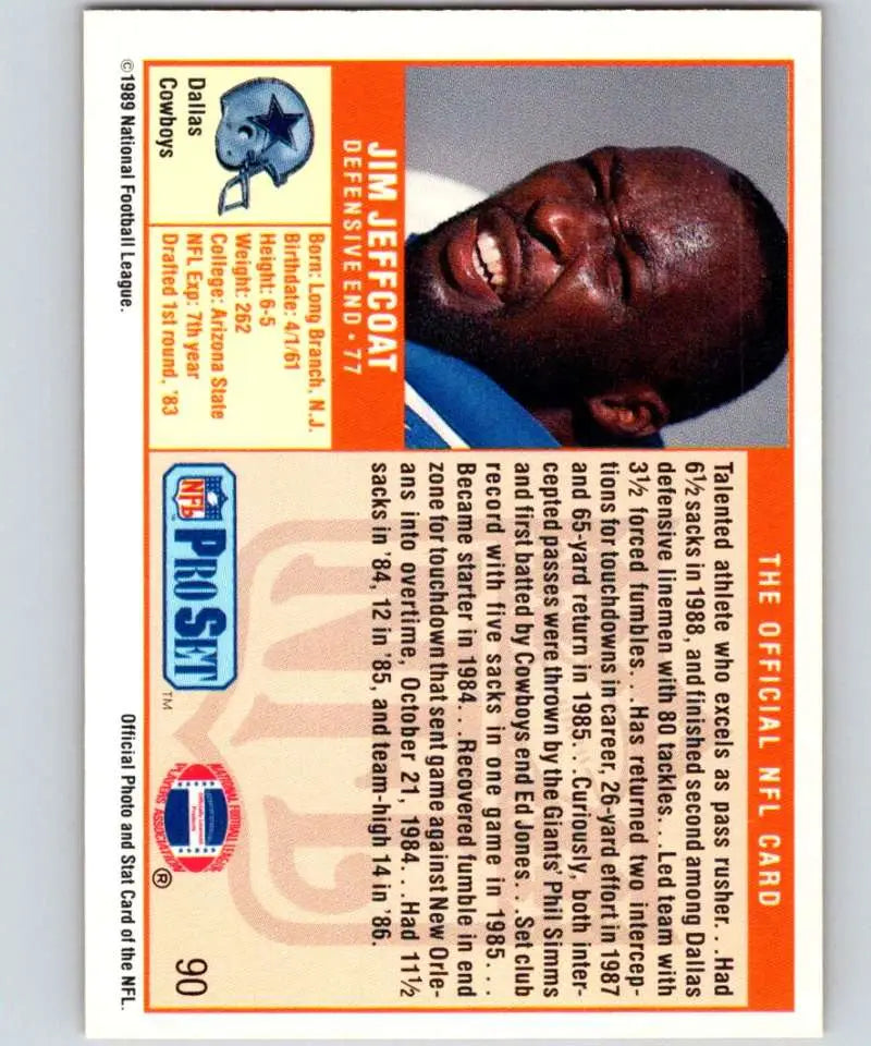 Vintage 1989 Pro Set Jim Jeffcoat Football Card featuring Dallas Cowboys design