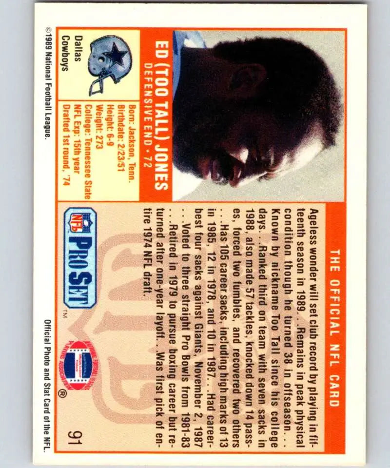 NFL Pro Set football card of Tall Jones featuring Dallas Cowboys in NM-MT condition